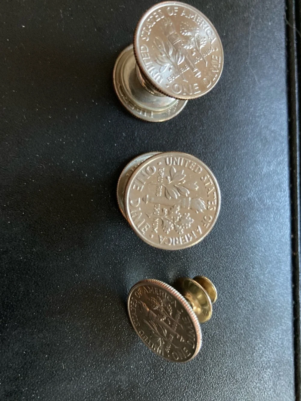 Handcrafted Coin Cufflinks & Stud Set–Roosevelt Dime–Vintage Snap Link Hardware.